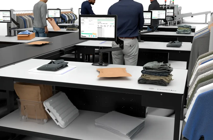 Puestos de trabajo habilitados con RFID para la preparación de pedidos en eCommerce B2B, con soluciones de intralogística Clustag que incluyen mesas de empaquetado, monitores que muestran el flujo de trabajo y prendas dobladas listas para el envío.