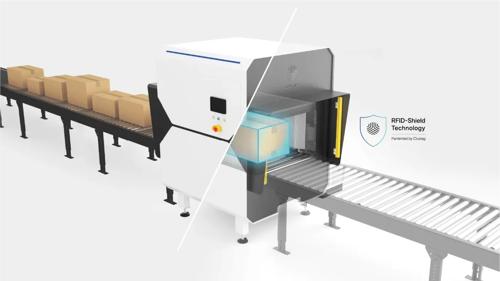 Clustag RFID Shield Technology tunnel integrated into a conveyor system with shielding panels and roller track, designed for controlled RFID reading and prevention of stray tag detection