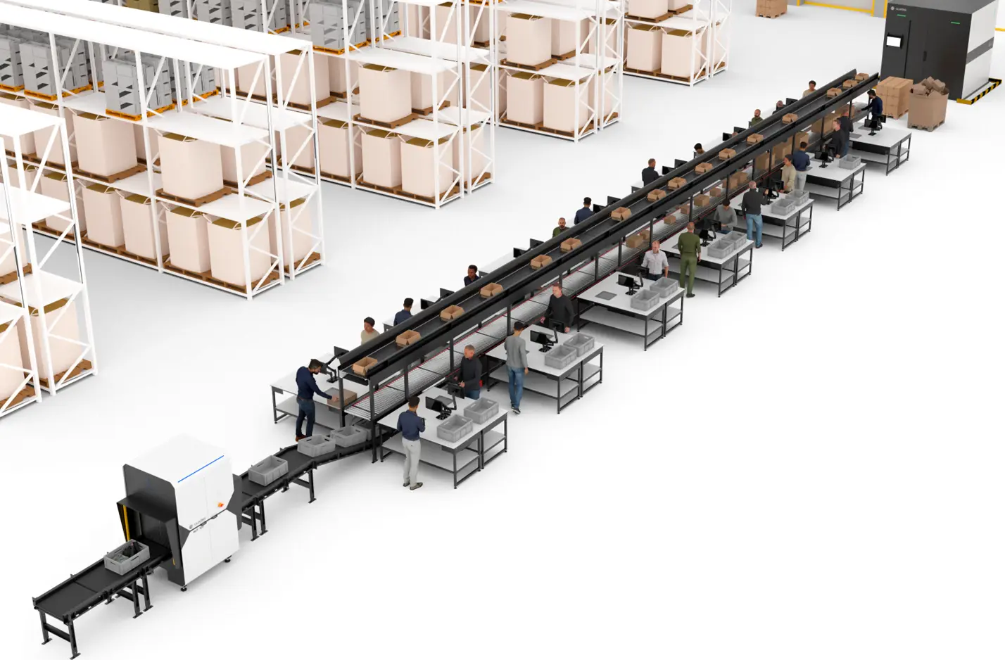 Línea automatizada de gestión de devoluciones con RFID en un almacén, con varias estaciones de trabajo donde el personal realiza comprobaciones visuales y manuales, cintas transportadoras para la clasificación y estanterías de almacenamiento al fondo.