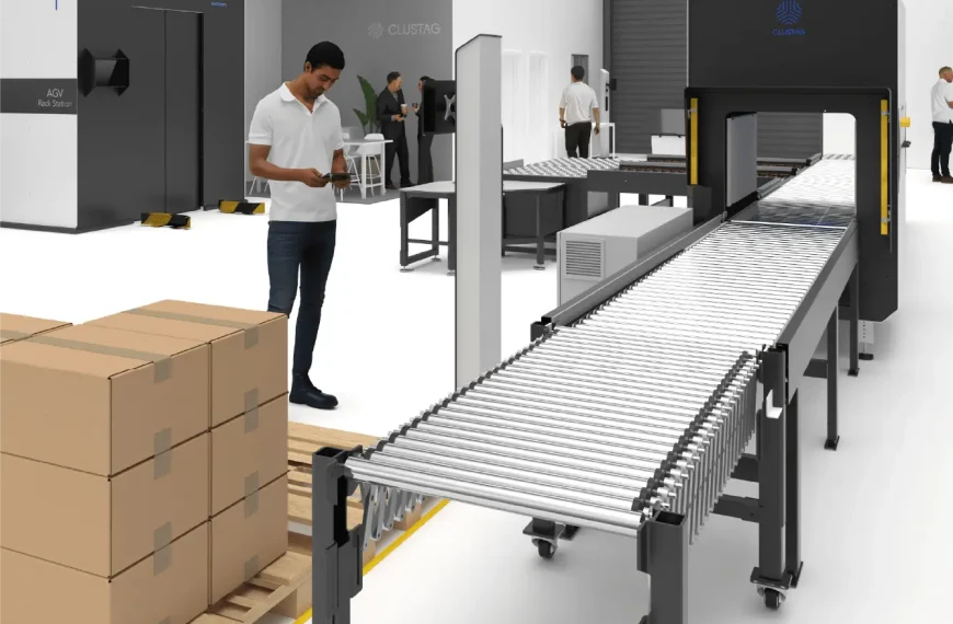 RFID tunnel and transport system at Clustag's Customer Experience Center with packages on a pallet and advanced testing equipment for logistics automation.