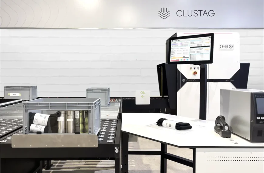 Una estación de auditoría RFID de Clustag instalada en un entorno de almacén moderno, con una cinta transportadora que lleva cubetas de plástico con artículos etiquetados, un puesto de trabajo con una gran pantalla táctil que muestra el software Zentup Workflow y varios dispositivos RFID y impresoras dispuestos sobre una mesa blanca