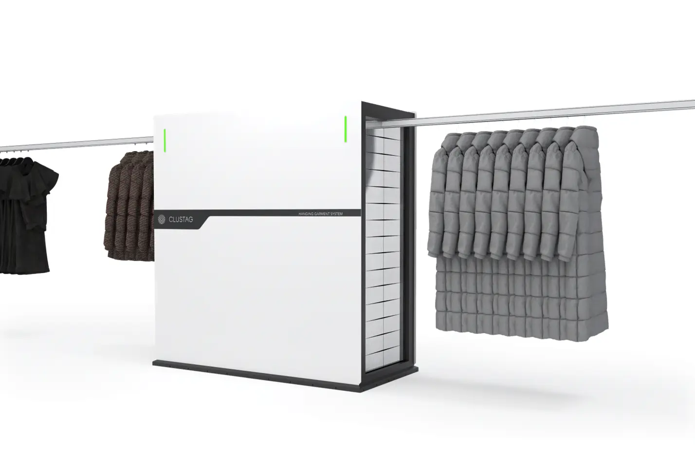 RFID garment on hanger station by Clustag reading hanging garments on a GOH conveyor for automated verification and traceability.