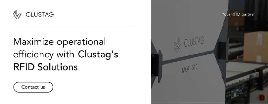 Maximiza la eficiencia operativa con los túneles RFID blindados de Clustag Banner que dice: “Maximiza la eficiencia operativa con los túneles RFID de Clustag”, acompañado de una estación túnel MOT-S10 y un botón de “Contáctanos”.