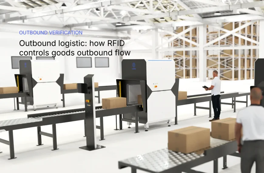 Hombres en un almacén procesando cajas en un túnel RFID durante el proceso de verificación de salida.