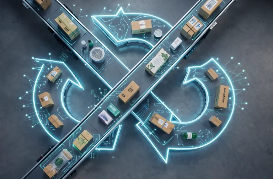 Vista cenital de un sistema de cintas transportadoras automatizado en un almacén, dispuesto en forma de X, con paquetes de cartón moviéndose por las bandas. Flechas circulares de neón azul brillante y gráficos digitales de circuitos rodean las cintas, simbolizando una economía circular de alta tecnología y un proceso logístico inteligente sobre un suelo de hormigón.<br>