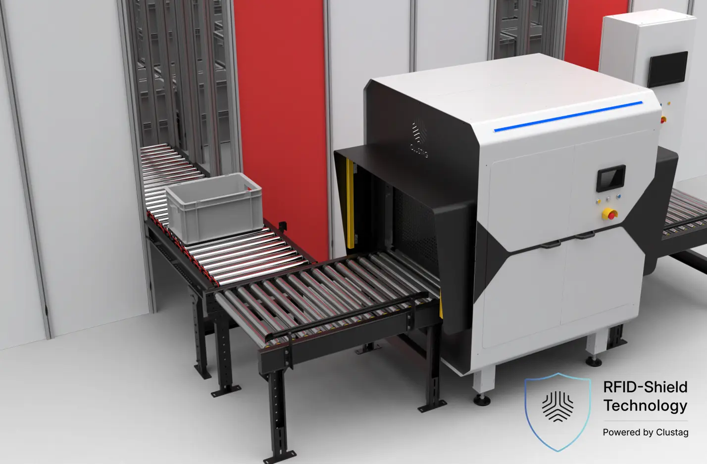 Clustag RFID-Shield Technology tunnel by Clustag integrated into a conveyor system, featuring shielding panels and a roller track for controlled RFID reading and prevention of stray tag detection.