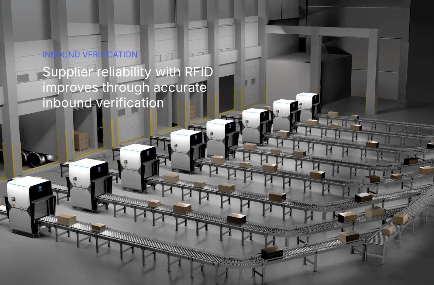 A warehouse with eight RFID tunnels, entering boxes at inbound verification process